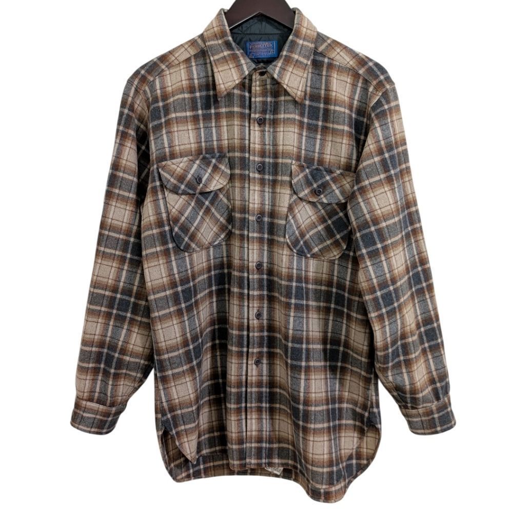 Vtg Pendleton Wool Flannel Shirt Size L Plaid Board Shirt Made In Usa Tan Grey